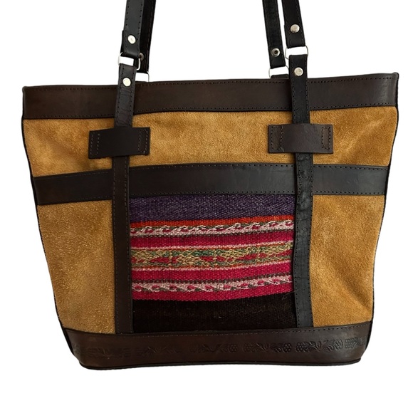 Leather-Accented Tan Suede Bolivian Textile Artisan Crafted Shoulder Tote Bag - Picture 1 of 10